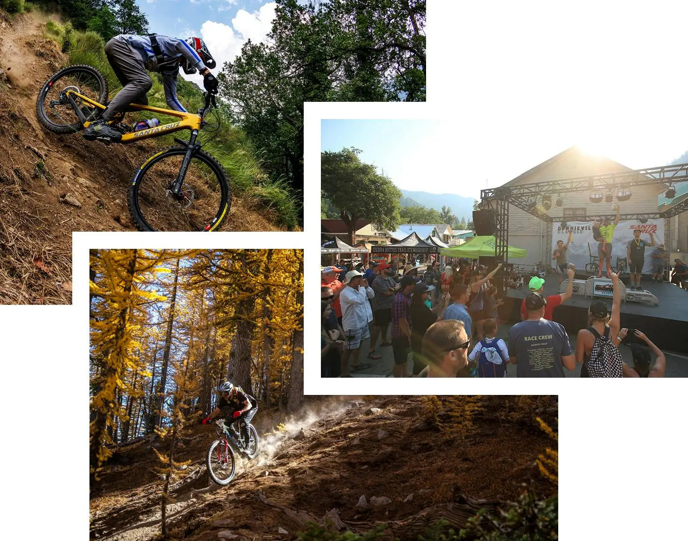 Mountain bikers shredding trails and a vibrant event crowd with a stage celebration under sunny skies