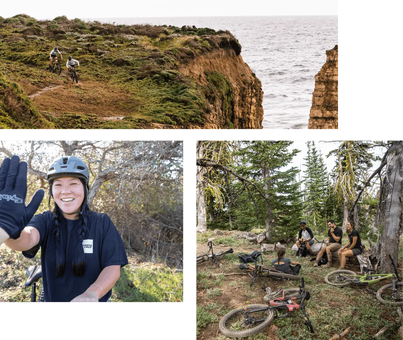 Collage showcasing mountain bikers exploring trails by the coast, sharing a high-five, and enjoying a forest rest