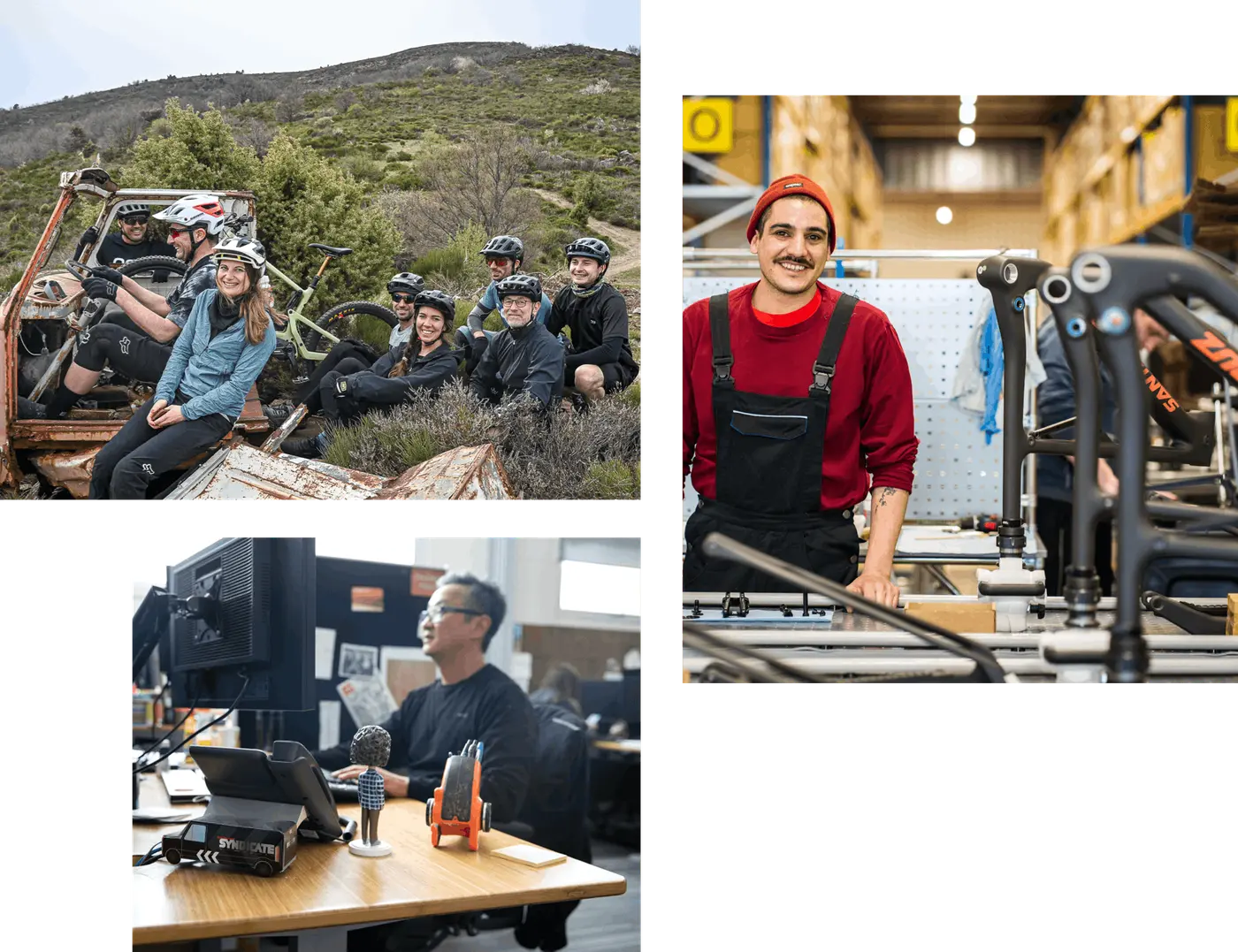 Collage depicting Santa Cruz team members, including a group of bikers outdoors, a workshop employee, and an office worker