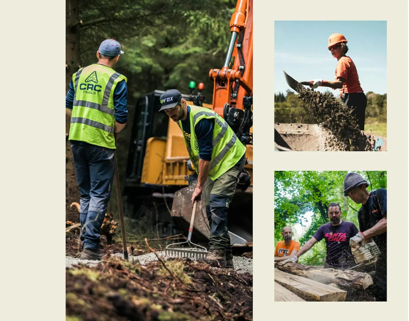 Trail workers spreading gravel, digging, and cutting wood for trails, wearing safety gear and vests