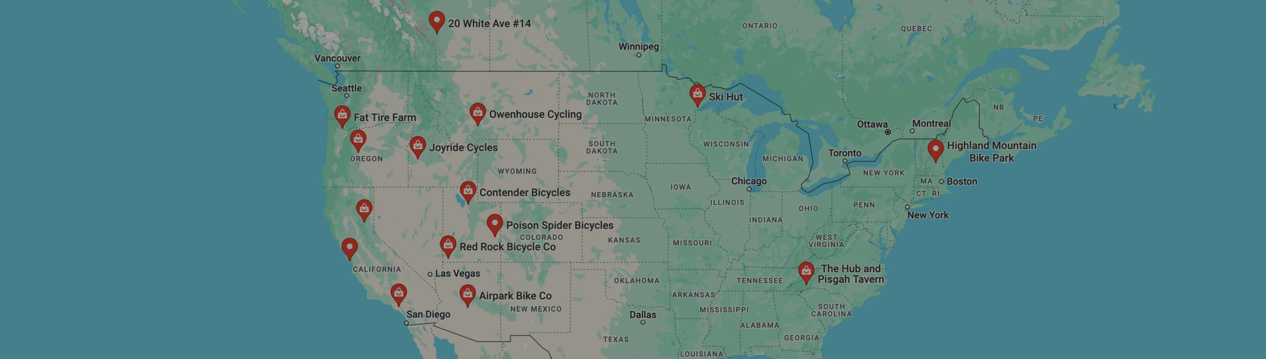 Map showcasing Santa Cruz demo centers across North America, highlighting key biking destinations.