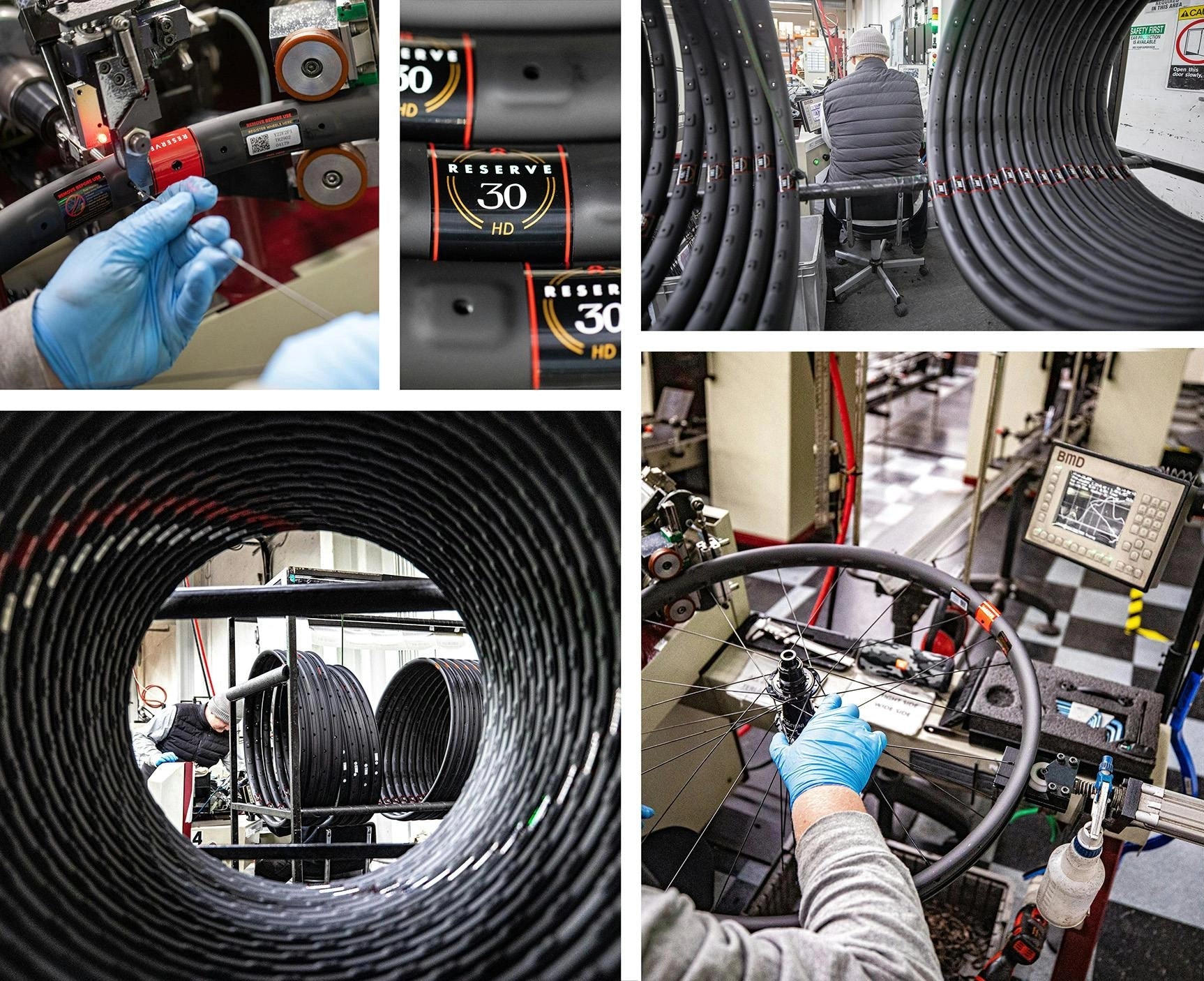 Collage of bike wheels and workers putting them together