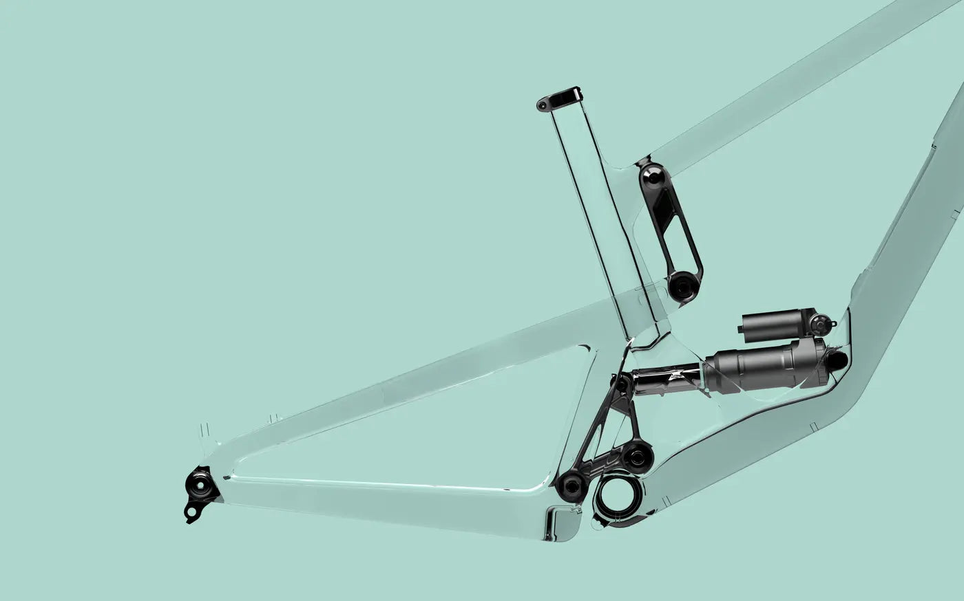 A technical illustration of a bike frame's suspension system and geometry, displayed against a mint green background.