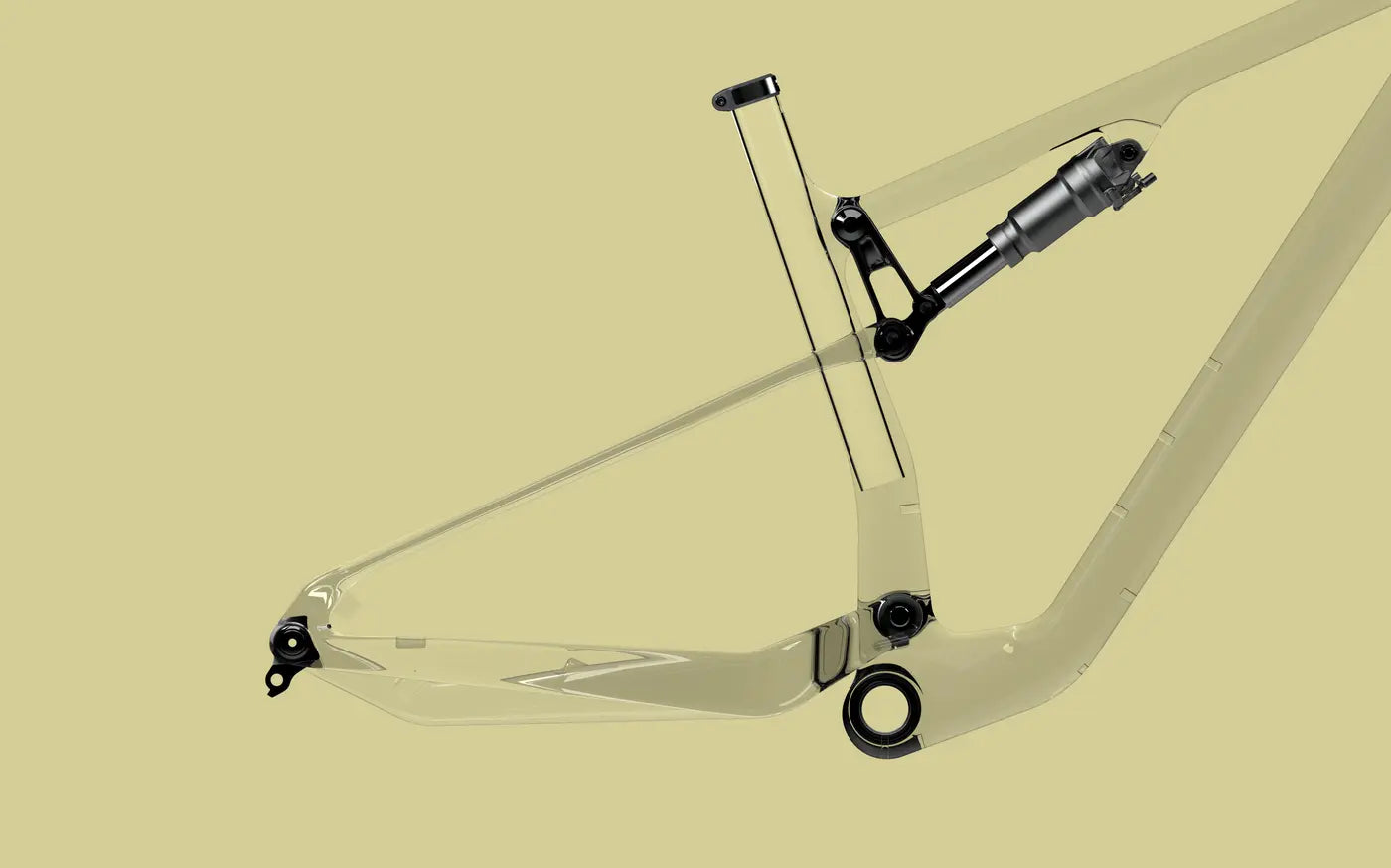 
A transparent illustration of a bike frame's suspension and linkages, presented on a light yellow background