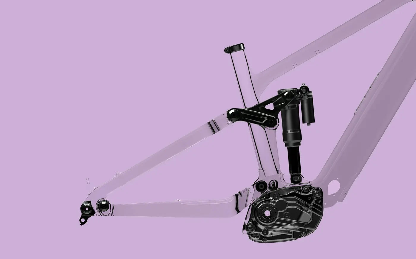 
A detailed illustration of a bike frame's suspension and drivetrain system, showcasing the internal components against a light purple background