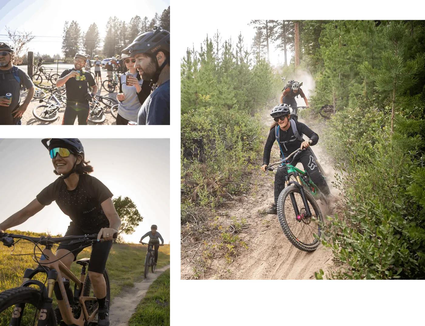 Mountain bikers enjoying a group ride, featuring trails through lush greenery and social moments post-ride